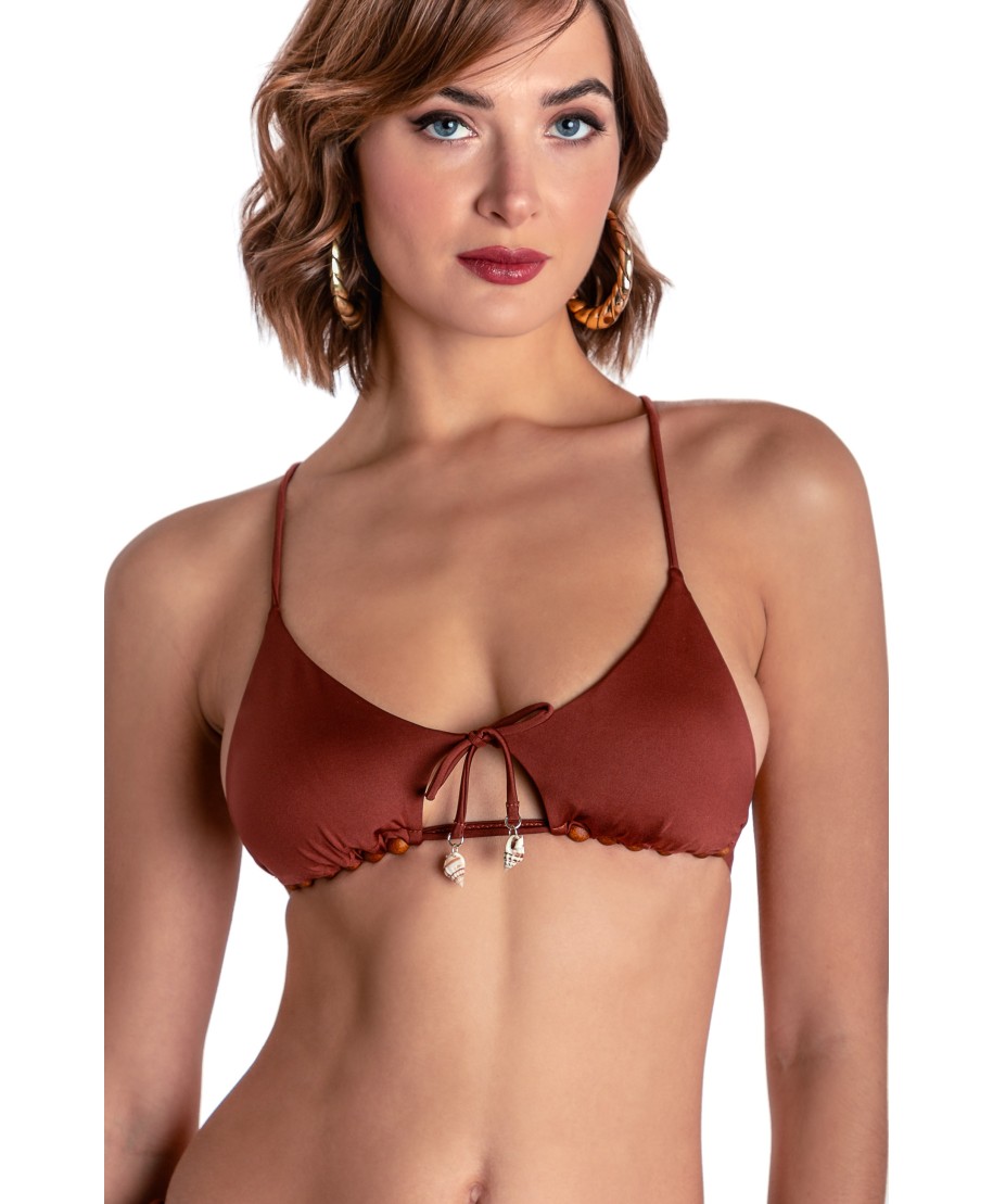 TOP BIKINI TRIANGOLO IMBOTTITO CON PERLE E CONCHIGLIE TINTA UNITA