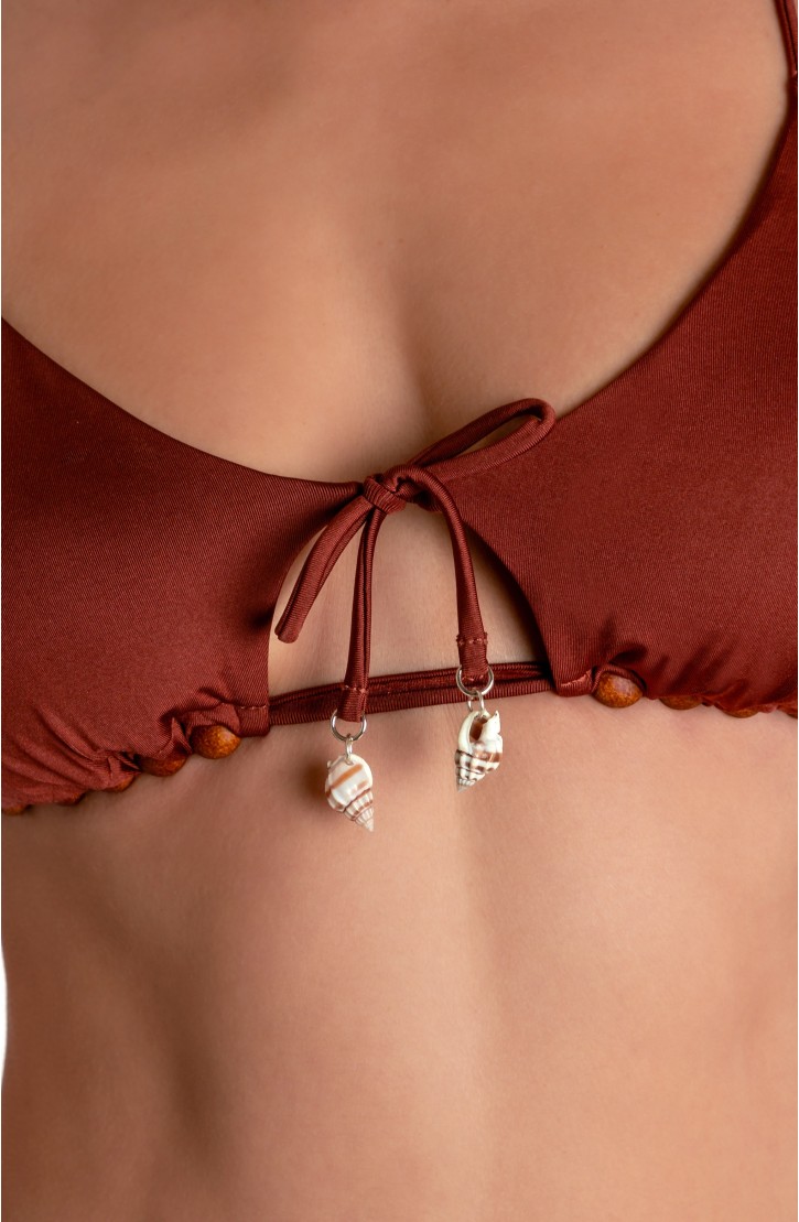 TOP BIKINI TRIANGOLO IMBOTTITO CON PERLE E CONCHIGLIE TINTA UNITA