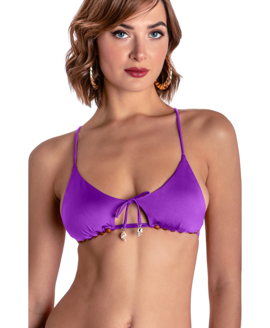 TOP BIKINI TRIANGOLO IMBOTTITO CON PERLE E CONCHIGLIE TINTA UNITA