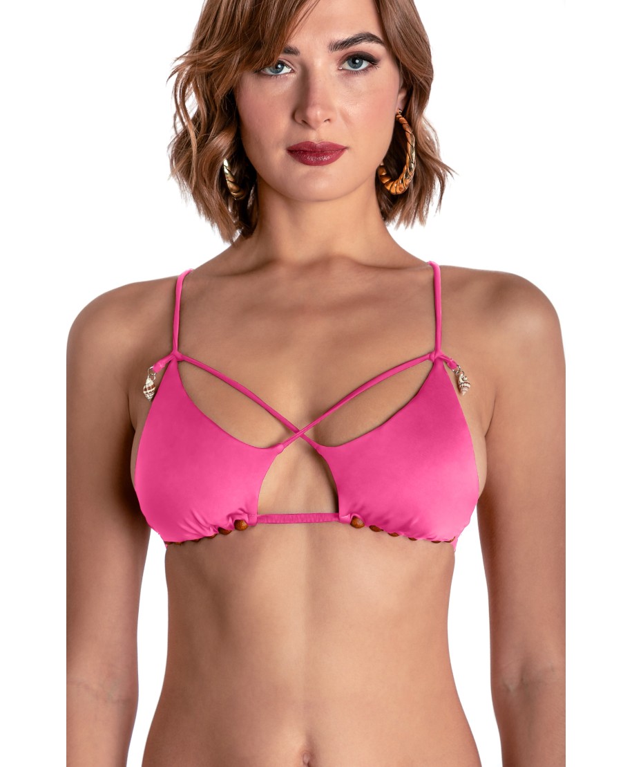 TOP BIKINI TRIANGOLO IMBOTTITO CON PERLE E CONCHIGLIE TINTA UNITA