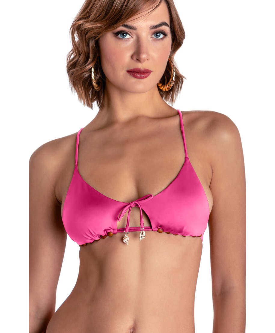 TOP BIKINI TRIANGOLO IMBOTTITO CON PERLE E CONCHIGLIE TINTA UNITA