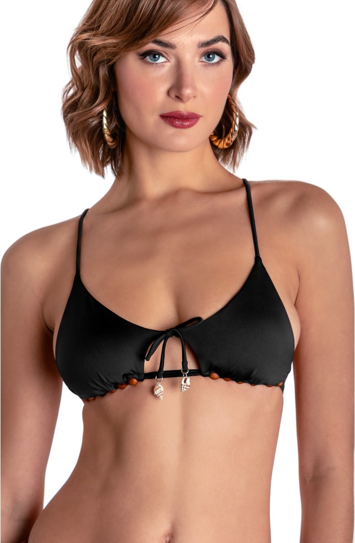 TOP BIKINI TRIANGOLO IMBOTTITO CON PERLE E CONCHIGLIE TINTA UNITA