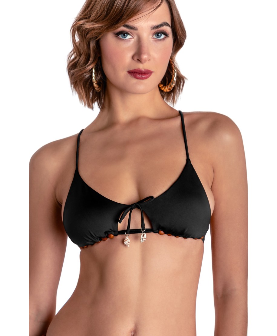 TOP BIKINI TRIANGOLO IMBOTTITO CON PERLE E CONCHIGLIE TINTA UNITA