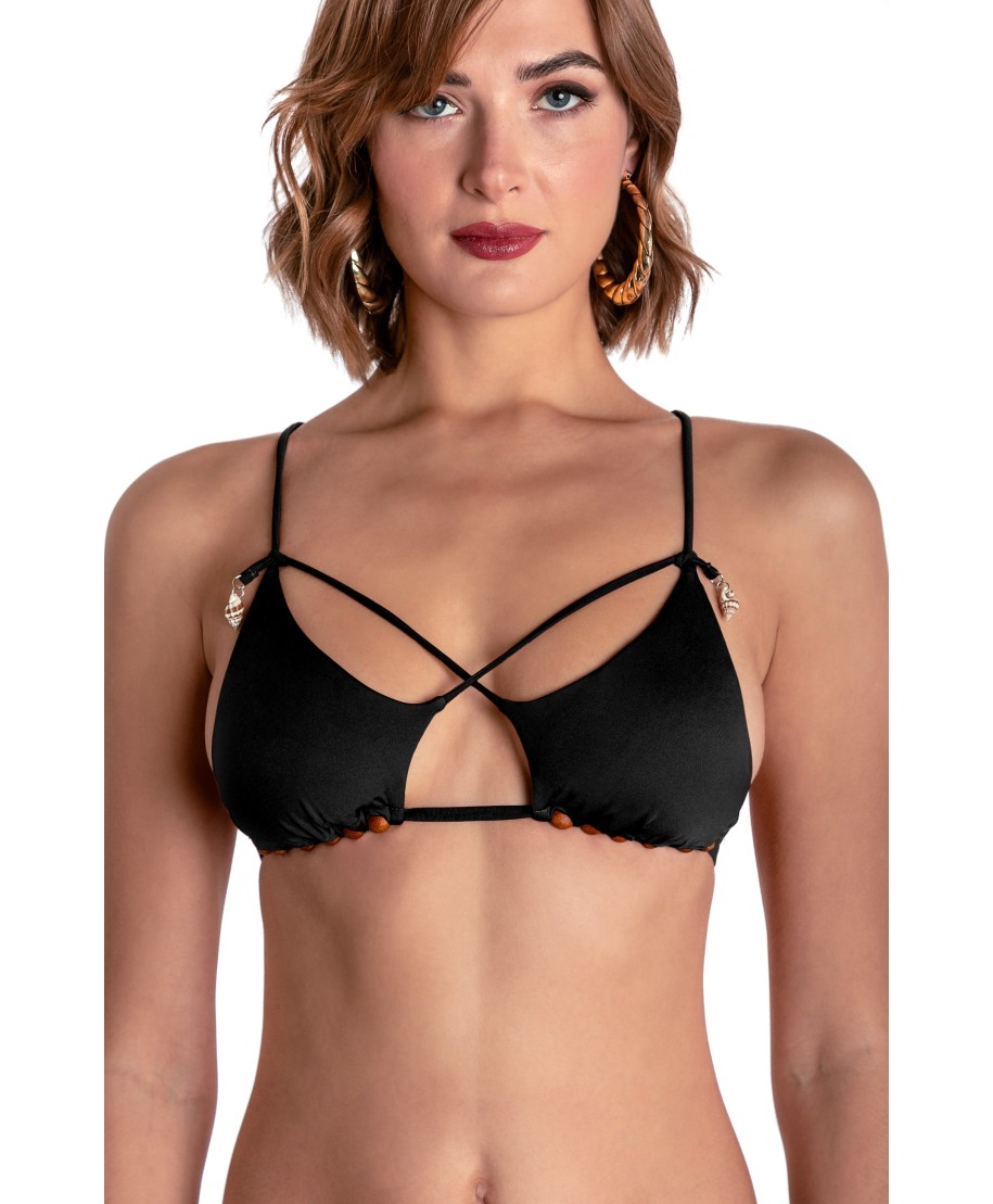 TOP BIKINI TRIANGOLO IMBOTTITO CON PERLE E CONCHIGLIE TINTA UNITA
