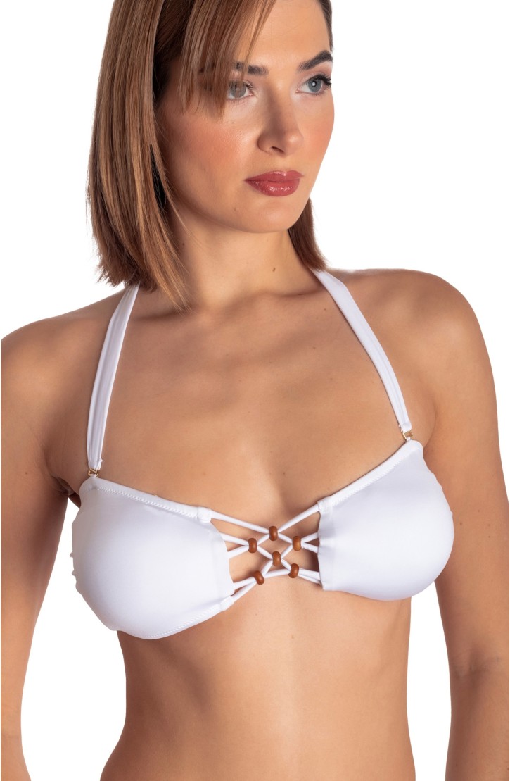 TOP BIKINI FASCIA IMBOTTITA CON INTRECCIO E PERLE TINTA UNITA