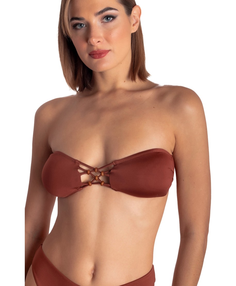 TOP BIKINI FASCIA IMBOTTITA CON INTRECCIO E PERLE TINTA UNITA