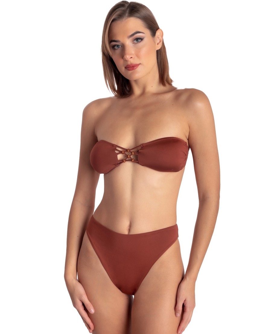 TOP BIKINI FASCIA IMBOTTITA CON INTRECCIO E PERLE TINTA UNITA