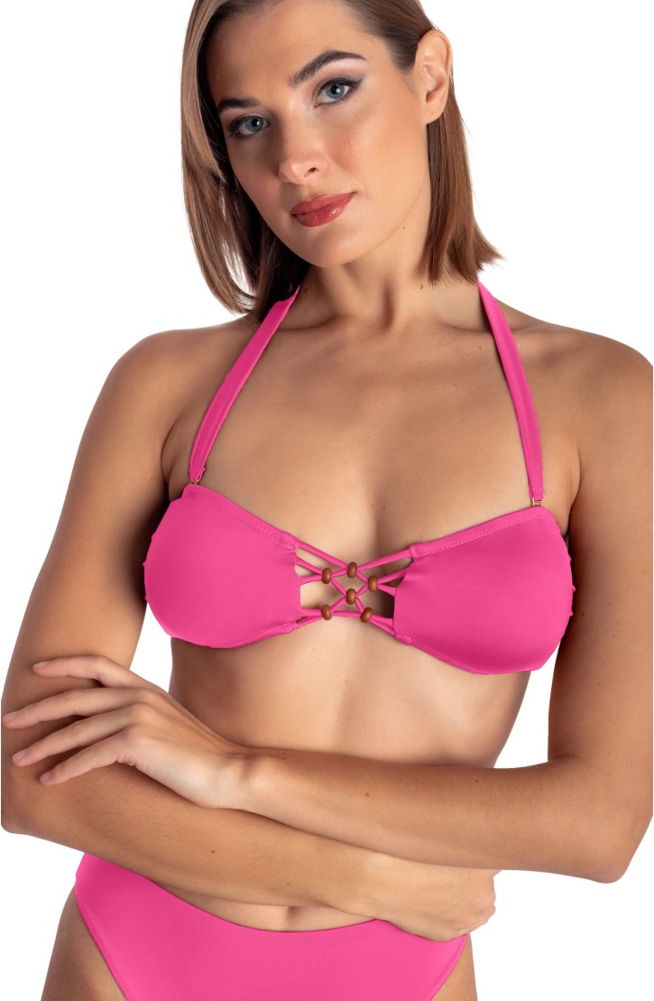 SOLID COLOR PADDED BANDEAU TOP WITH BRAIDING AND PEARLS