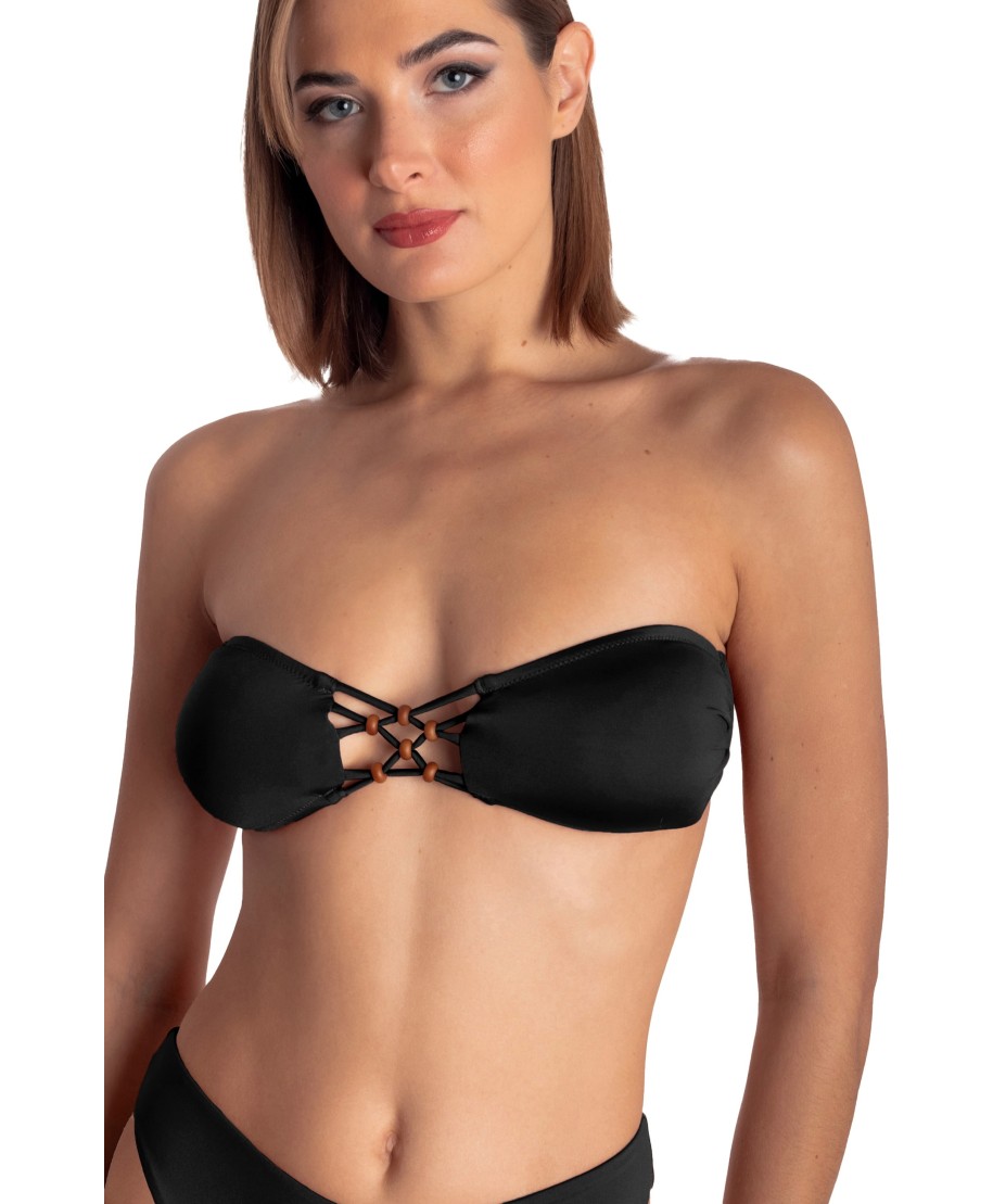 TOP BIKINI FASCIA IMBOTTITA CON INTRECCIO E PERLE TINTA UNITA