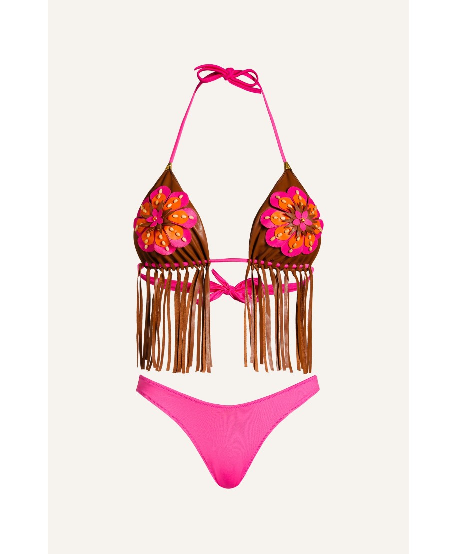 Triangle Bikini Padded Fringed Alcantara And Flower Embroidered