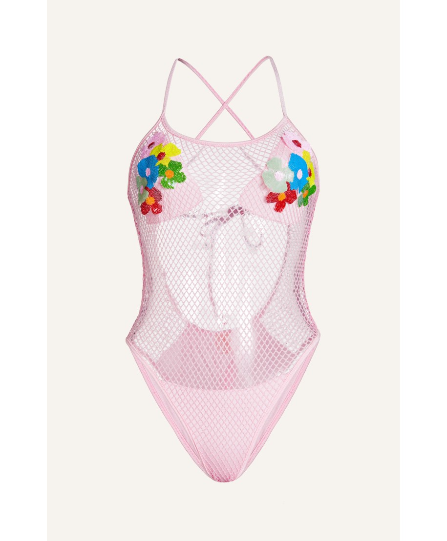 Costume da Bagno Intero Rete Lurex Ricamo Fiori Paillettes