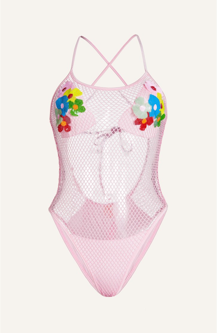 Costume da Bagno Intero Rete Lurex Ricamo Fiori Paillettes