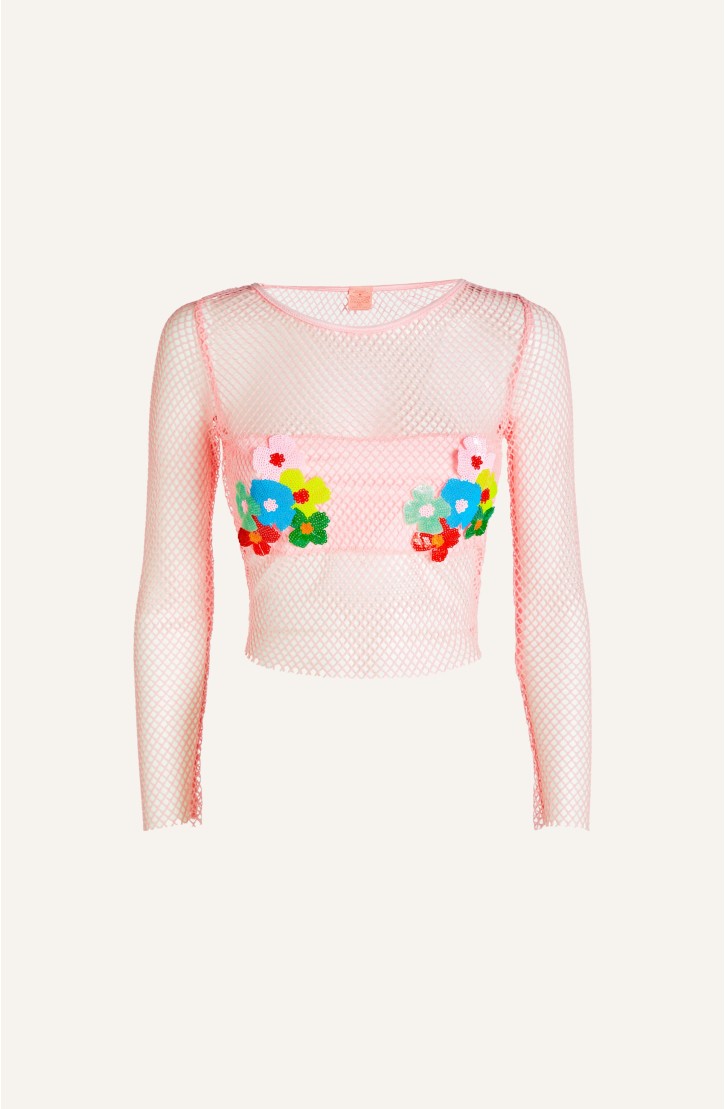 Maglia Rete Lurex Ricamo Fiori Paillettes