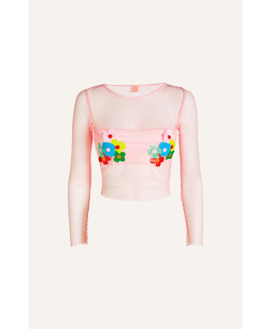 Maglia Rete Lurex Ricamo Fiori Paillettes