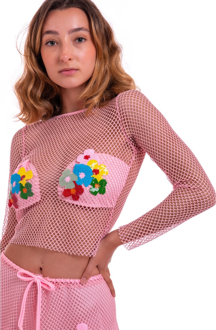 Maglia Rete Lurex Ricamo Fiori Paillettes