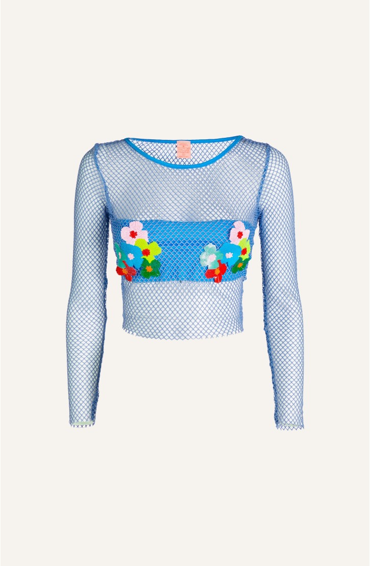 Maglia Rete Lurex Ricamo Fiori Paillettes