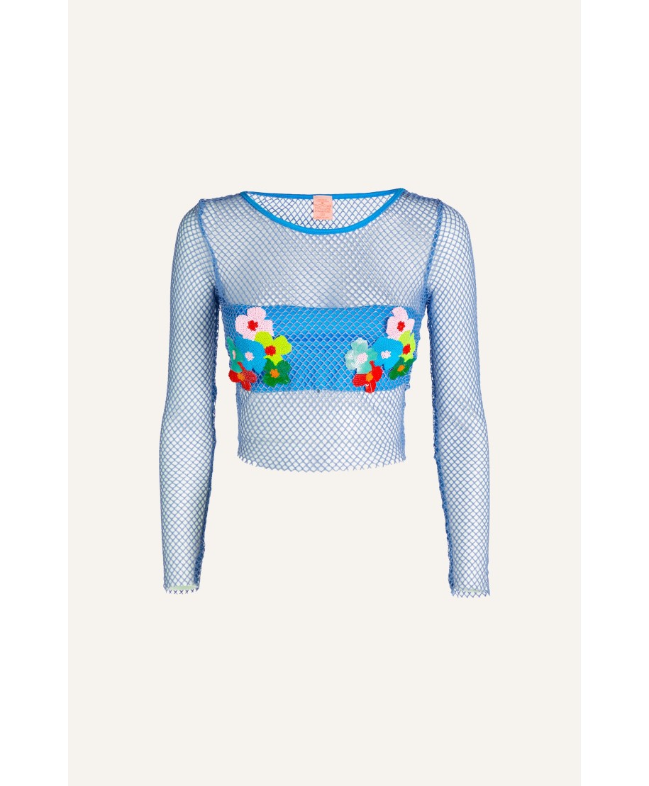 Maglia Rete Lurex Ricamo Fiori Paillettes