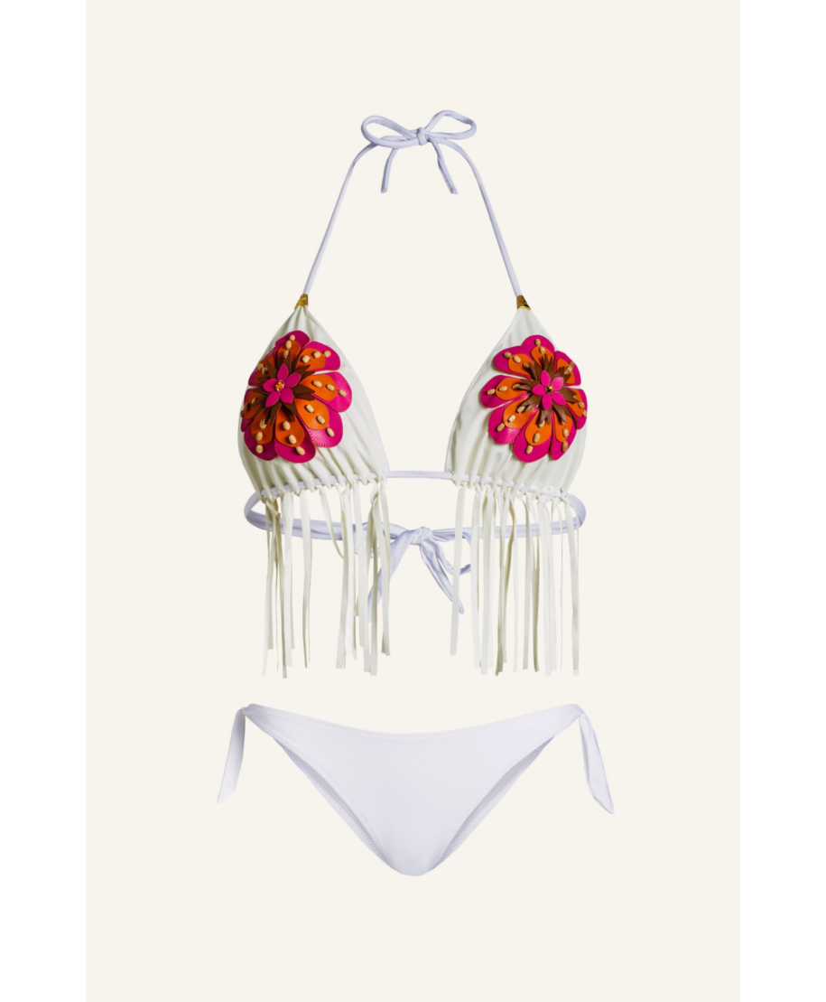 Triangle Bikini Padded Fringed Alcantara And Flower Embroidered