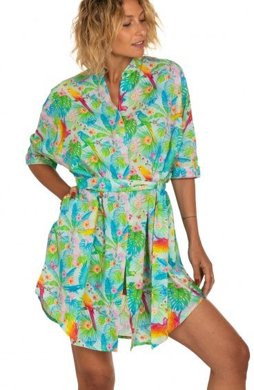 Chemisier Over In Cotone Stampa Happy Tropical Poisson D'Amour - 1