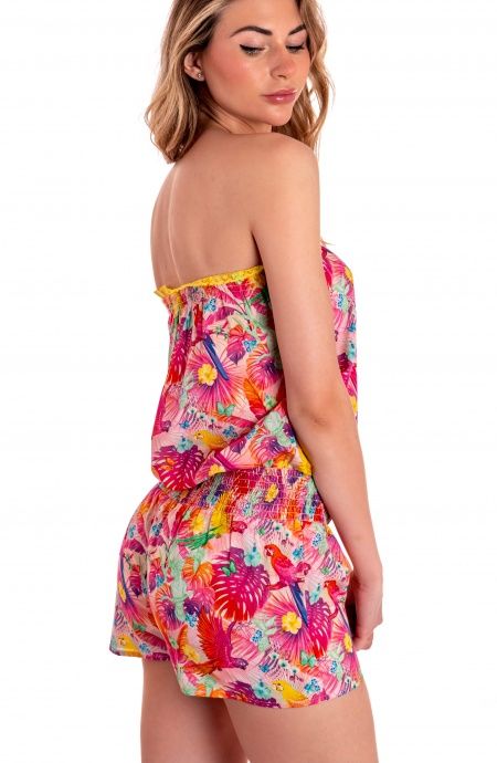 Off Shoulders Cotton Romper with Happy Tropical Print Poisson D'Amour - 2