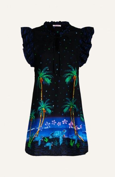 Abito Maniche Volant Mussola Di Cotone Stampa Hawaii Pin-Up Stars - 5