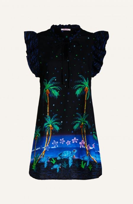 Abito Maniche Volant Mussola Di Cotone Stampa Hawaii Pin-Up Stars - 5