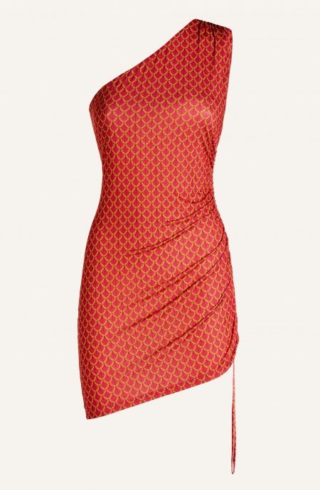 Mono Shoulder Dress Drawstring Side Print Scales Pin-Up Stars - 1 Mono Shoulder Dress Drawstring Side Print Scales Pin-Up Stars - 1