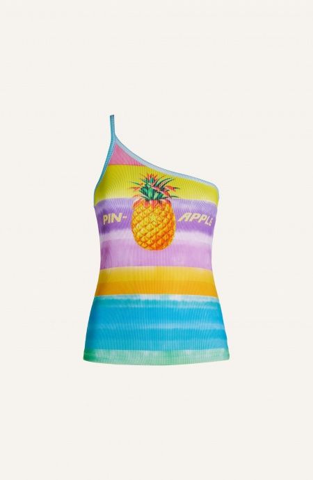 One-Shoulder Tank Top Ruffle Fabric Ribbed Hawaii Pin-Up Stars - 1 One-Shoulder Tank Top Ruffle Fabric Ribbed Hawaii Pin-Up Stars - 1