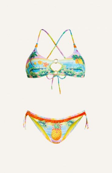 Bikini Brassiere Slip Fiocchi Tessuto Costina Stampa Hawaii Pin-Up Stars - 2