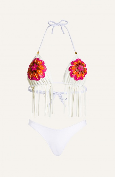 Bikini Triangolo Imbottito Slip Sgambato Frange Alcantara E Fiore Ricamato Pin-Up Stars - 1