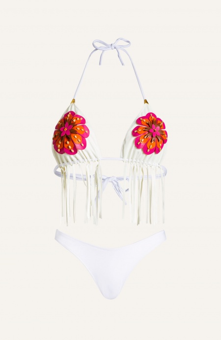 Bikini Triangolo Imbottito Slip Sgambato Frange Alcantara E Fiore Ricamato Pin-Up Stars - 1