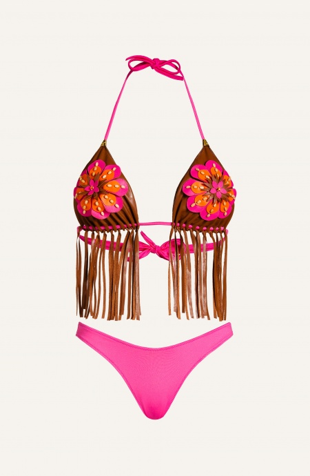 Bikini Triangolo Imbottito Slip Sgambato Frange Alcantara E Fiore Ricamato Pin-Up Stars - 4