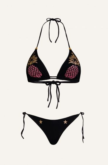 Bikini Triangle Padded Brazilian Tulle Briefs Pineapple Print Lurex Pin-Up Stars - 1