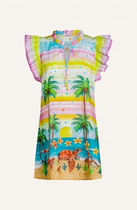 Cotton Muslin Ruffle Sleeve Dress Print Hawaii Pin-Up Stars - 1 Cotton Muslin Ruffle Sleeve Dress Print Hawaii Pin-Up Stars - 1