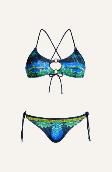 Bikini Brassiere Slip Fiocchi Tessuto Costina Stampa Hawaii Pin-Up Stars - 4