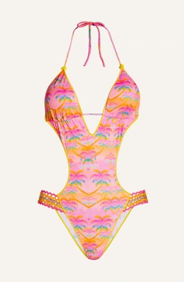 Padded One-piece Swimsuit Trimmings Palm Print Poisson D'Amour - 1