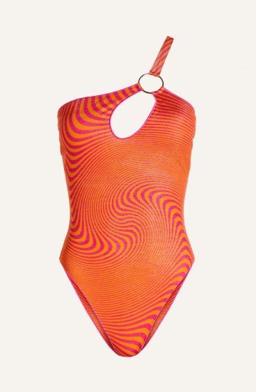 One-Shoulder Lurex One Piece Swimsuit With Optical Print Ring Pin-Up Stars - 1