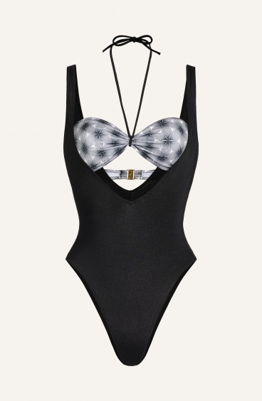 One-piece Swimsuit With Printed Flower Essence Band Lycra Fabric Pin-Up Stars - 1