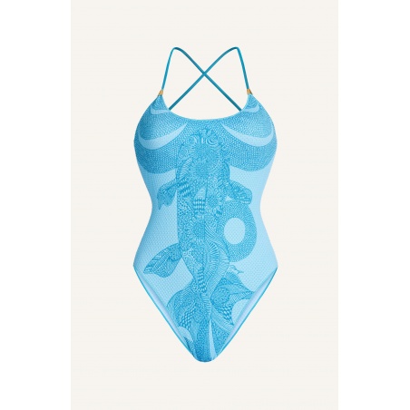 One-piece swimming costume Koi Fish Print Embossed Lycra Fabric