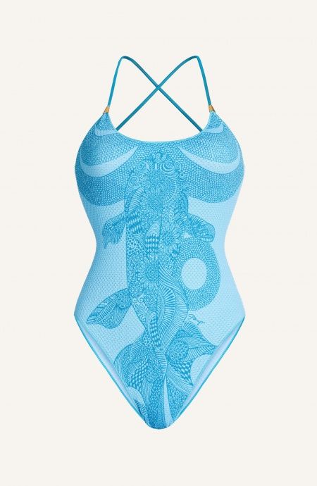One piece swimming costume Koi Fish Print Embossed Lycra Fabric