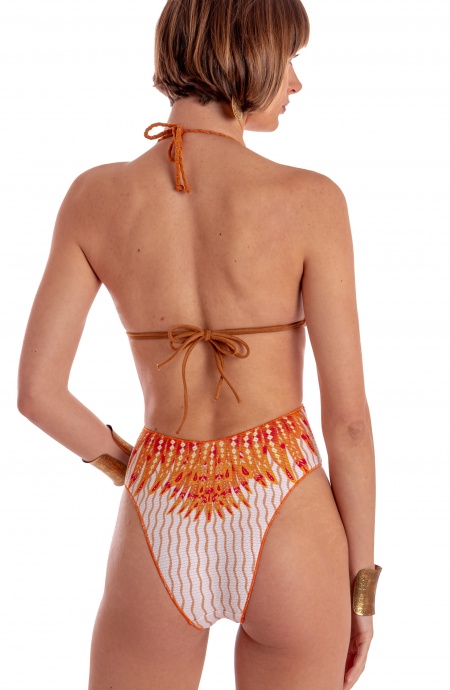 COSTUME INTERO CON INCROCIO COPPE IMBOTTITE STAMPA WINGS SU LYCRA GOFFRATA E BORCHIE OPACHE ORO Pin-Up Stars - 2