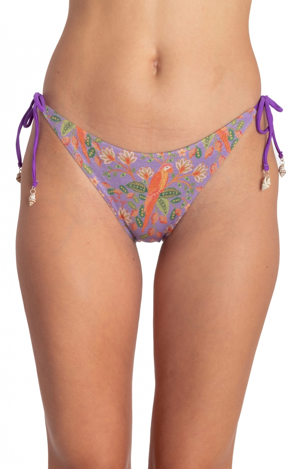 SLIP BIKINI BRASILIANA CON CONCHIGLIE STAMPA FLOWER BIRD Taglia S Colore Viola Slip brasiliana fiocchi copertura ridotta