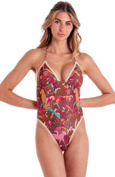 ONE-PIECE SWIMSUIT WITH TRIMMINGS TROPICAL PRINT Poisson D'Amour - 1