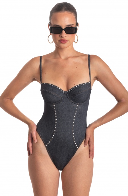 Jeans Studded One Piece Balconette Swimsuit Pin-Up Stars - 2