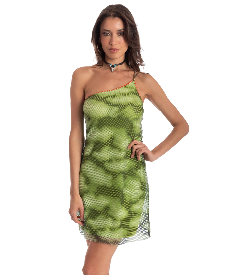 ONE-SHOULDER MESH SHADED FAN STITCH DRESS