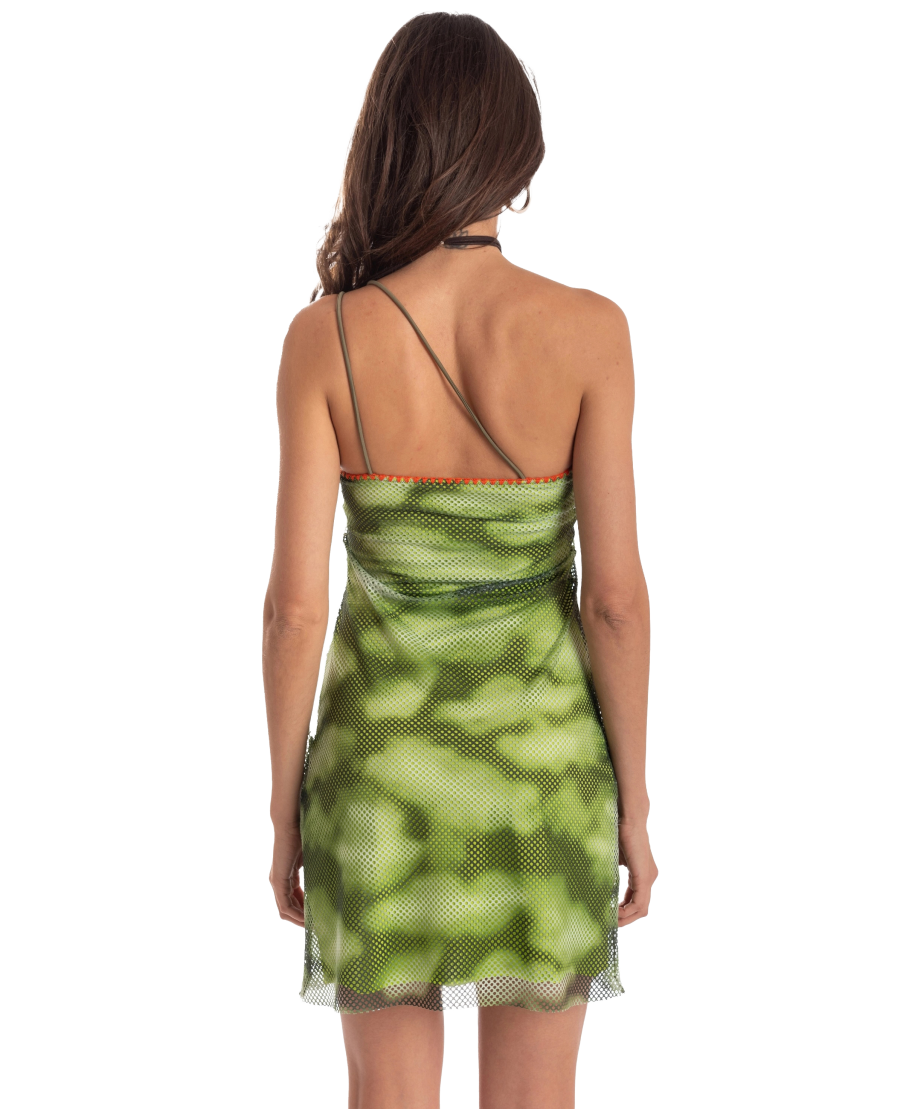 ONE-SHOULDER MESH SHADED FAN STITCH DRESS