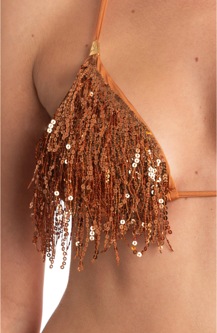 Bikini Triangolo Frange Paillettes Tinta Unita