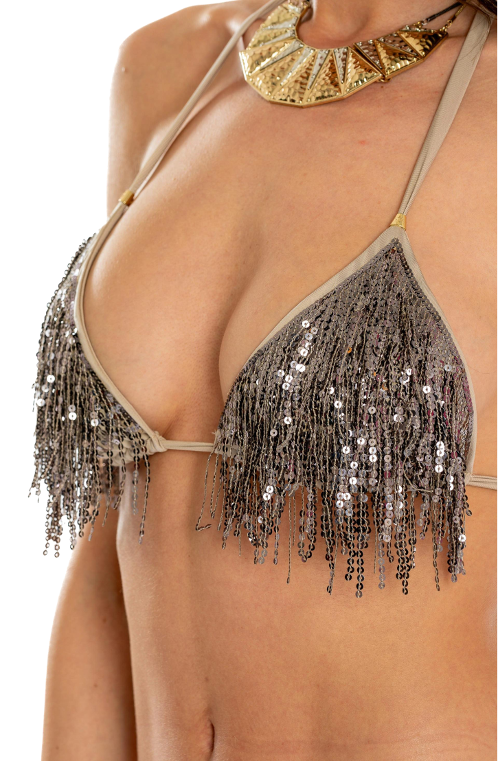 Bikini Triangolo Frange Paillettes Tinta Unita