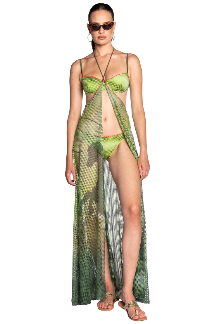 FAN STITCH SHADED NET PAREO DRESS