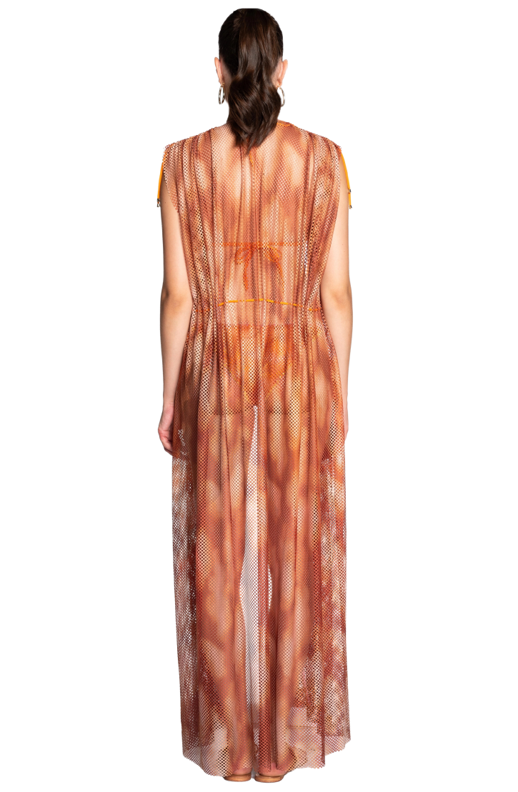 OPEN NET DRESS WITH DRAWSTRING NET SHADED FAN STITCH